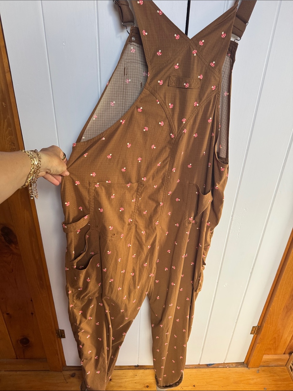 Duluth Trading Co Brown Floral Bib Overalls with Mushroom 🍄 Accents - Picture 3 of 3